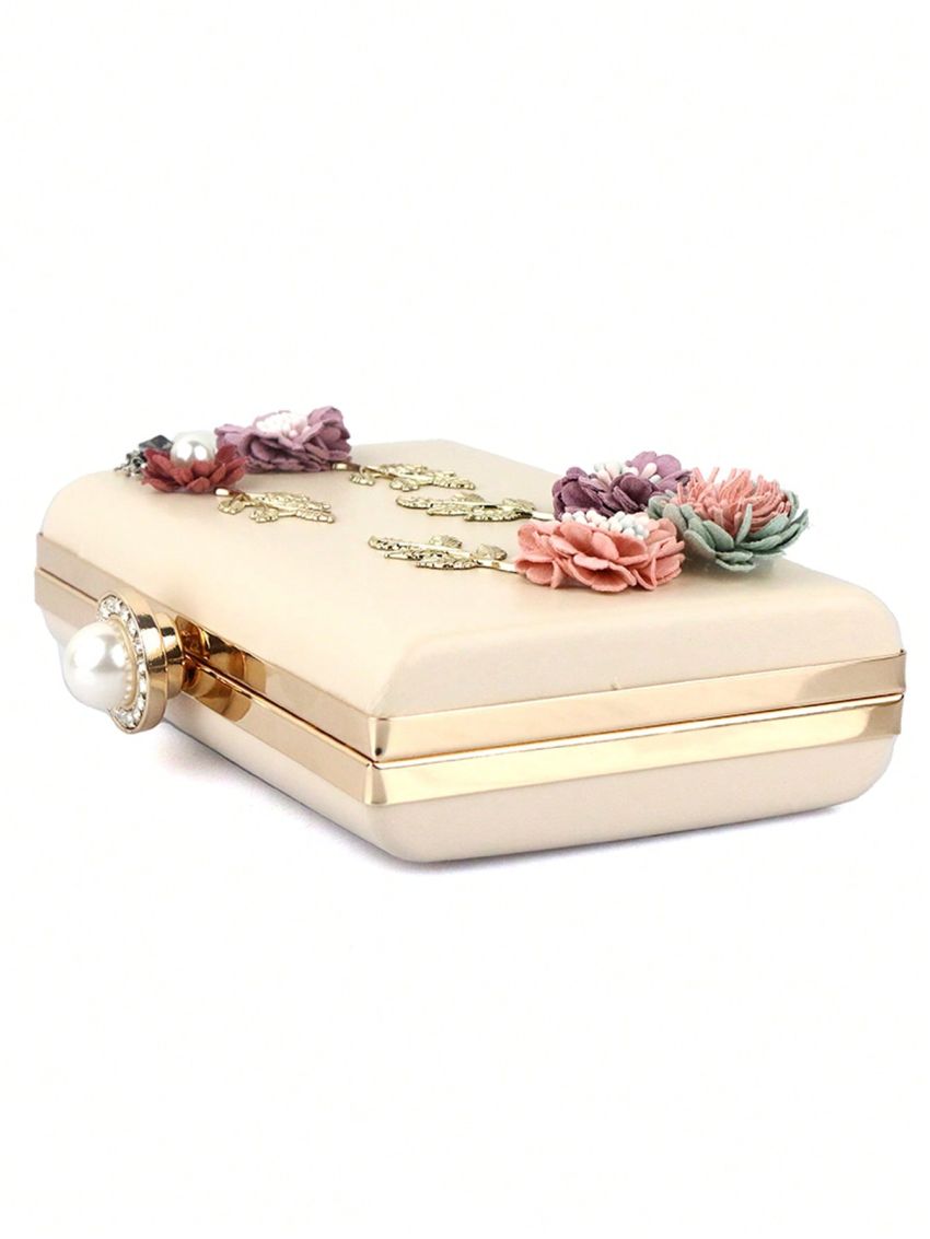 Mini Box Bag Fashionable Faux Pearl & Flower Decor Chain PU For Party
