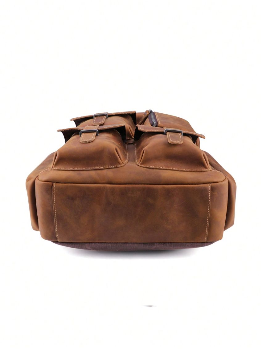 Men Genuine Leather & Canvas Backpack Vintage Daypack Multi Pocket Casual Rucksack Camping Bag