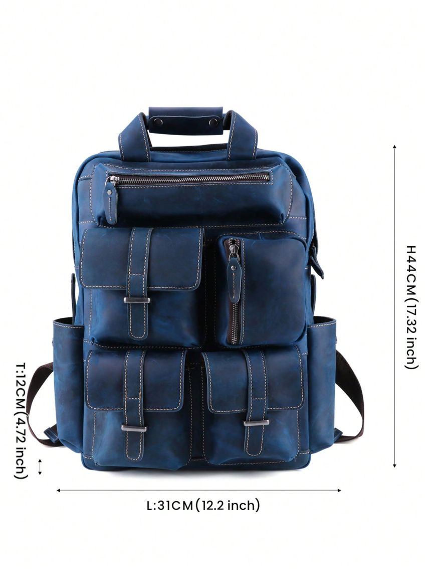 Men Genuine Leather & Canvas Backpack Vintage Daypack Multi Pocket Casual Rucksack Camping Bag