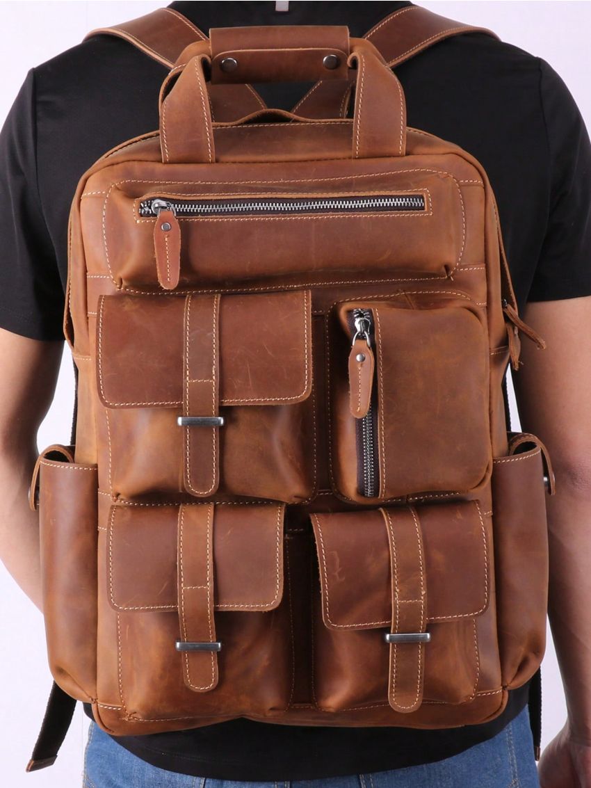 Men Genuine Leather & Canvas Backpack Vintage Daypack Multi Pocket Casual Rucksack Camping Bag