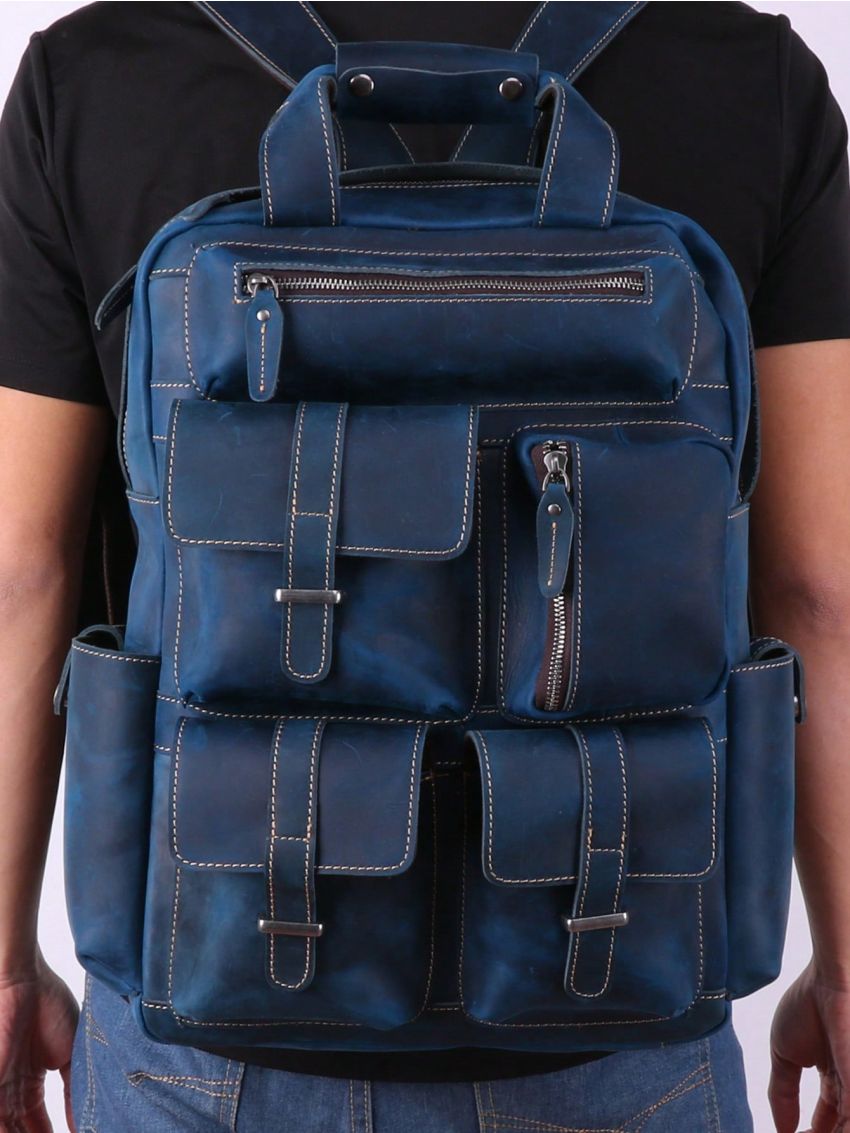 Men Genuine Leather & Canvas Backpack Vintage Daypack Multi Pocket Casual Rucksack Camping Bag