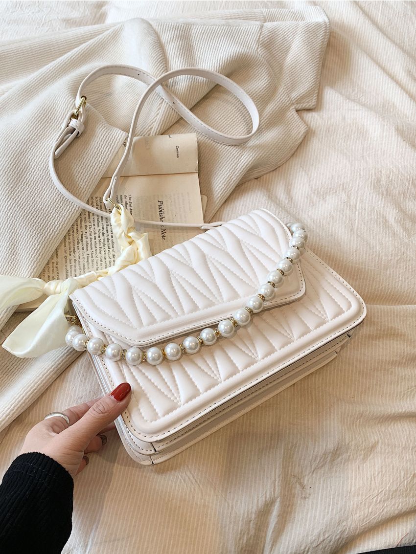 Small Square Bag Fashionable Twilly Scarf & Faux Pearl Decor Quilted Flap PU