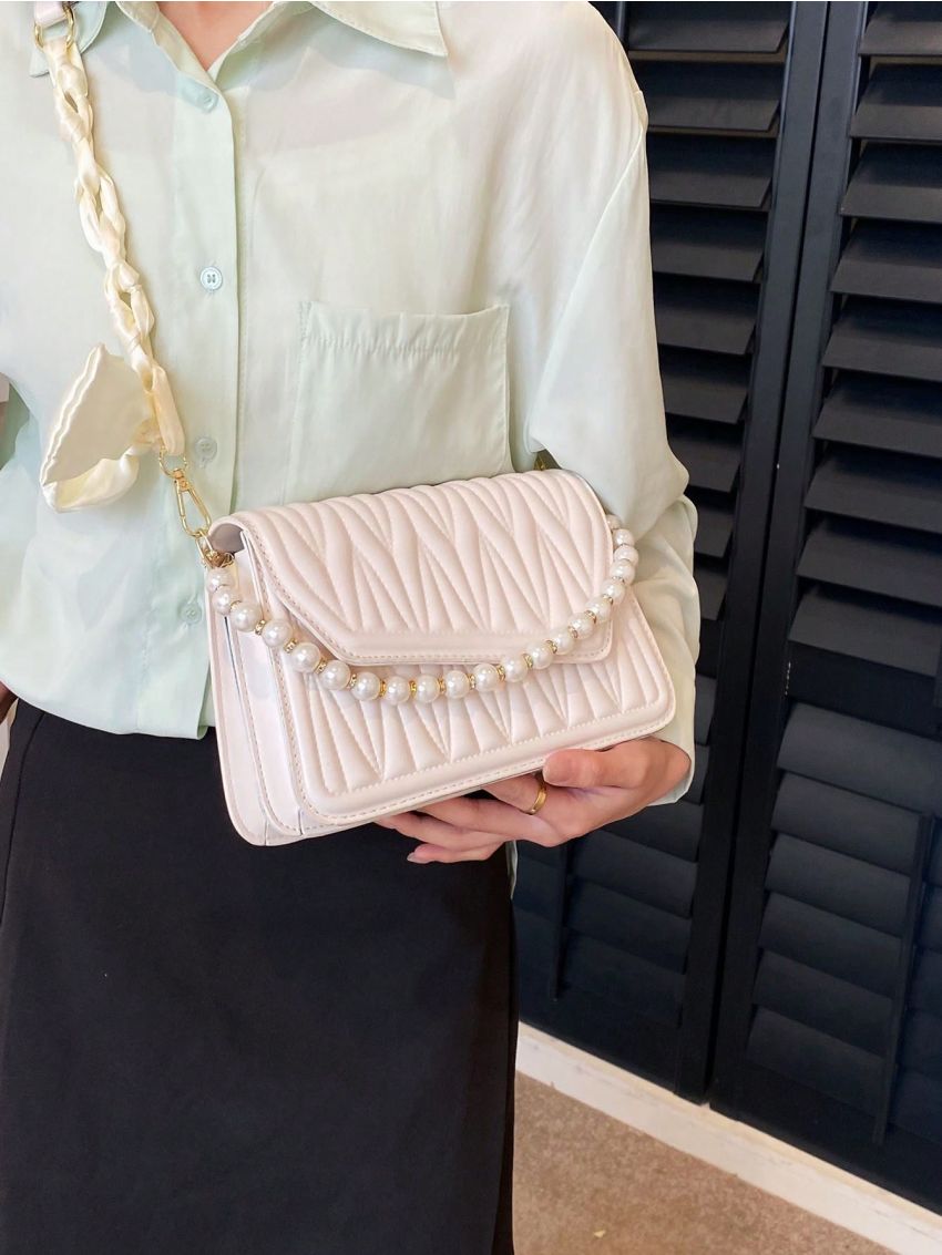 Small Square Bag Fashionable Twilly Scarf & Faux Pearl Decor Quilted Flap PU