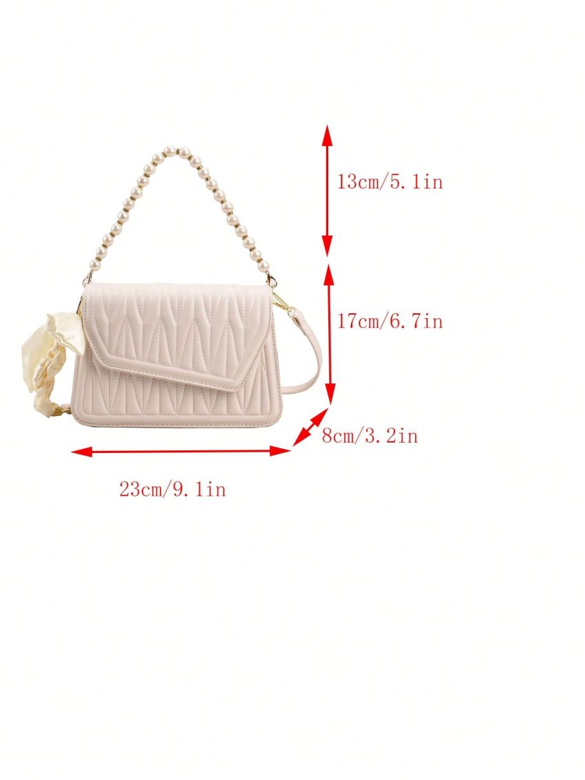 Small Square Bag Fashionable Twilly Scarf & Faux Pearl Decor Quilted Flap PU