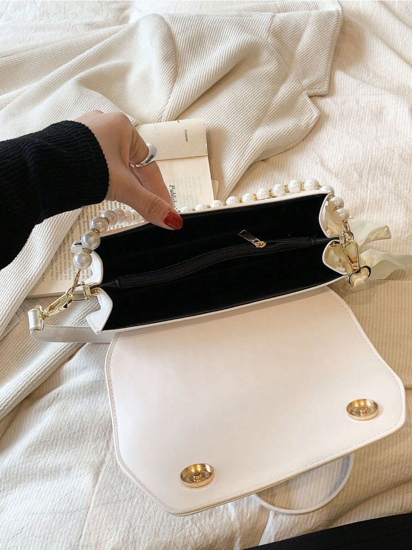 Small Square Bag Fashionable Twilly Scarf & Faux Pearl Decor Quilted Flap PU