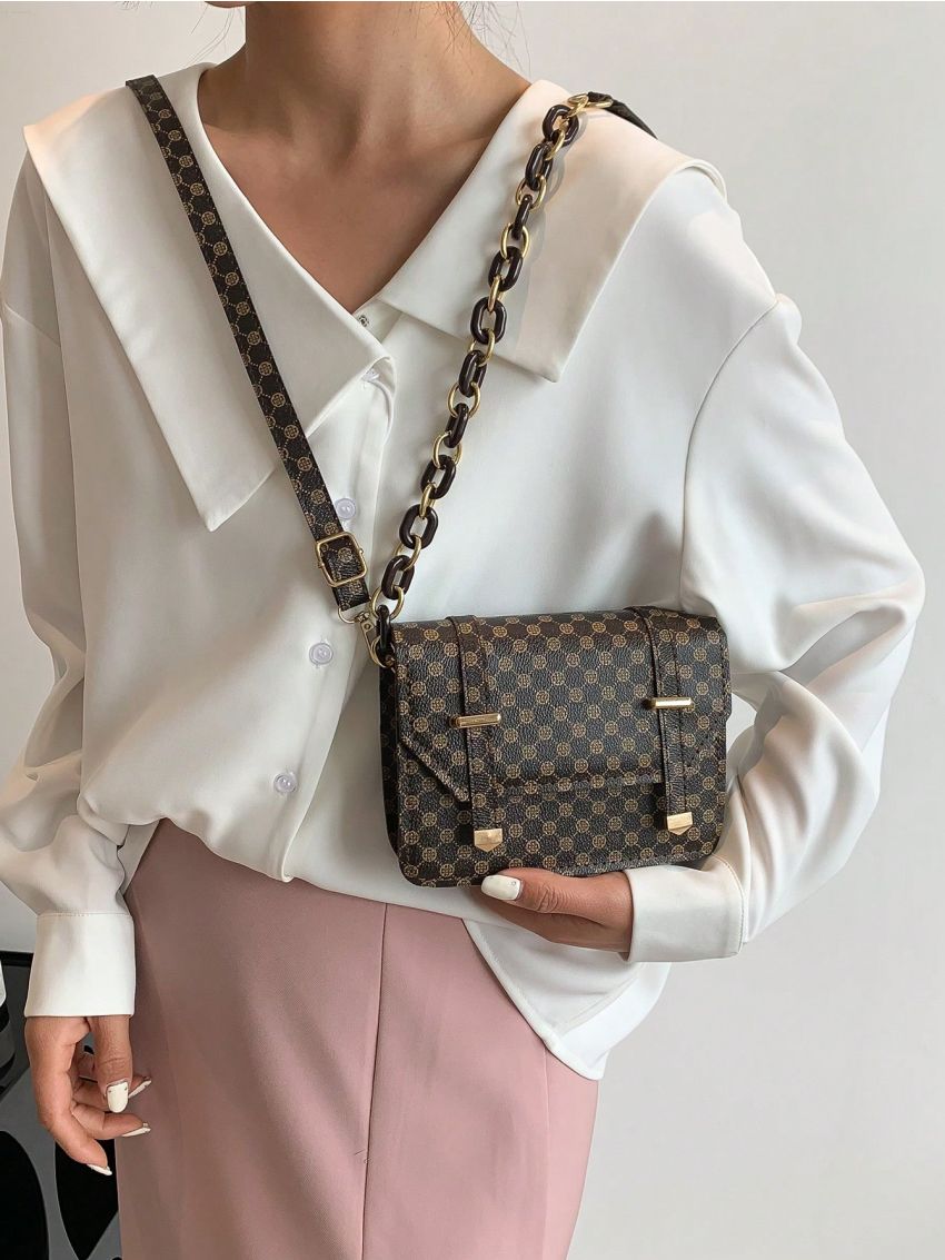 Mini Square Bag Fashionable Geometric Pattern Flap Chain PU