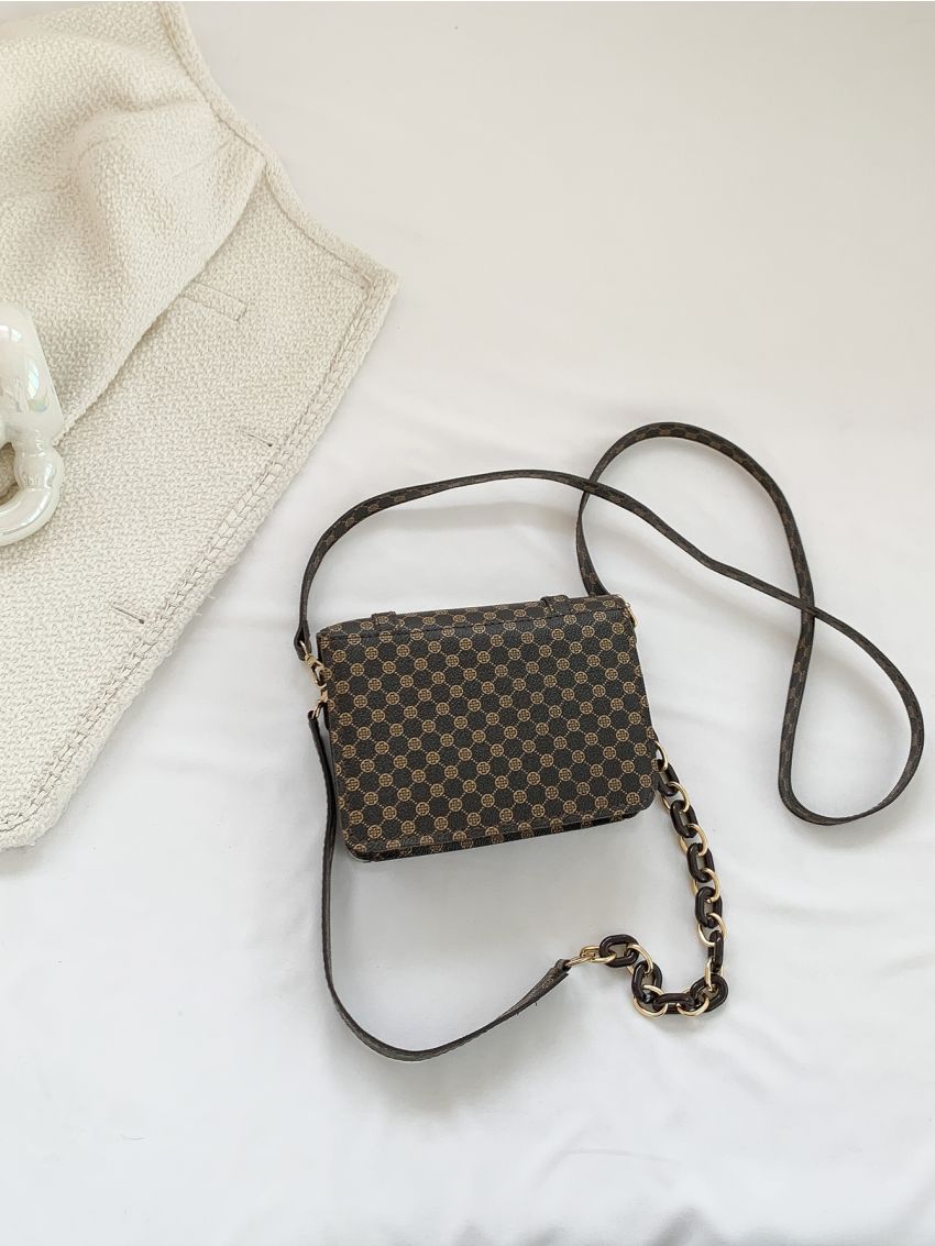 Mini Square Bag Fashionable Geometric Pattern Flap Chain PU