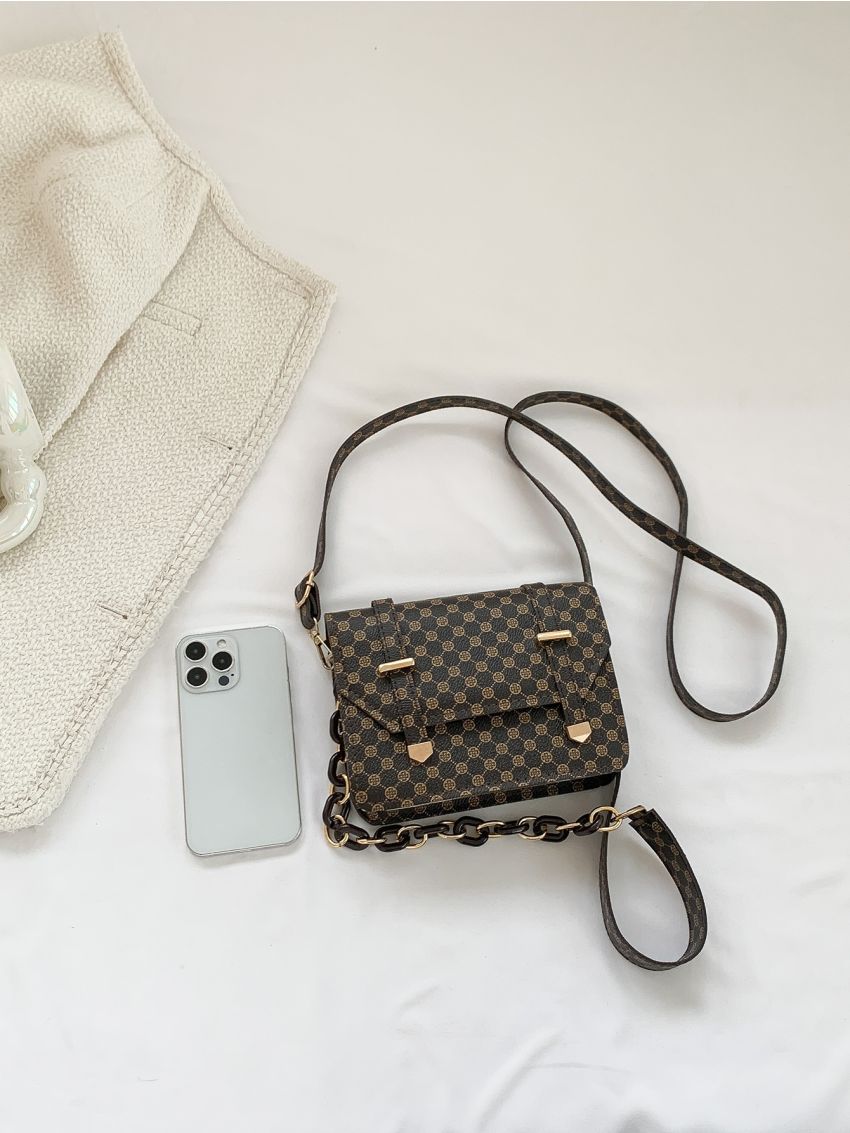 Mini Square Bag Fashionable Geometric Pattern Flap Chain PU