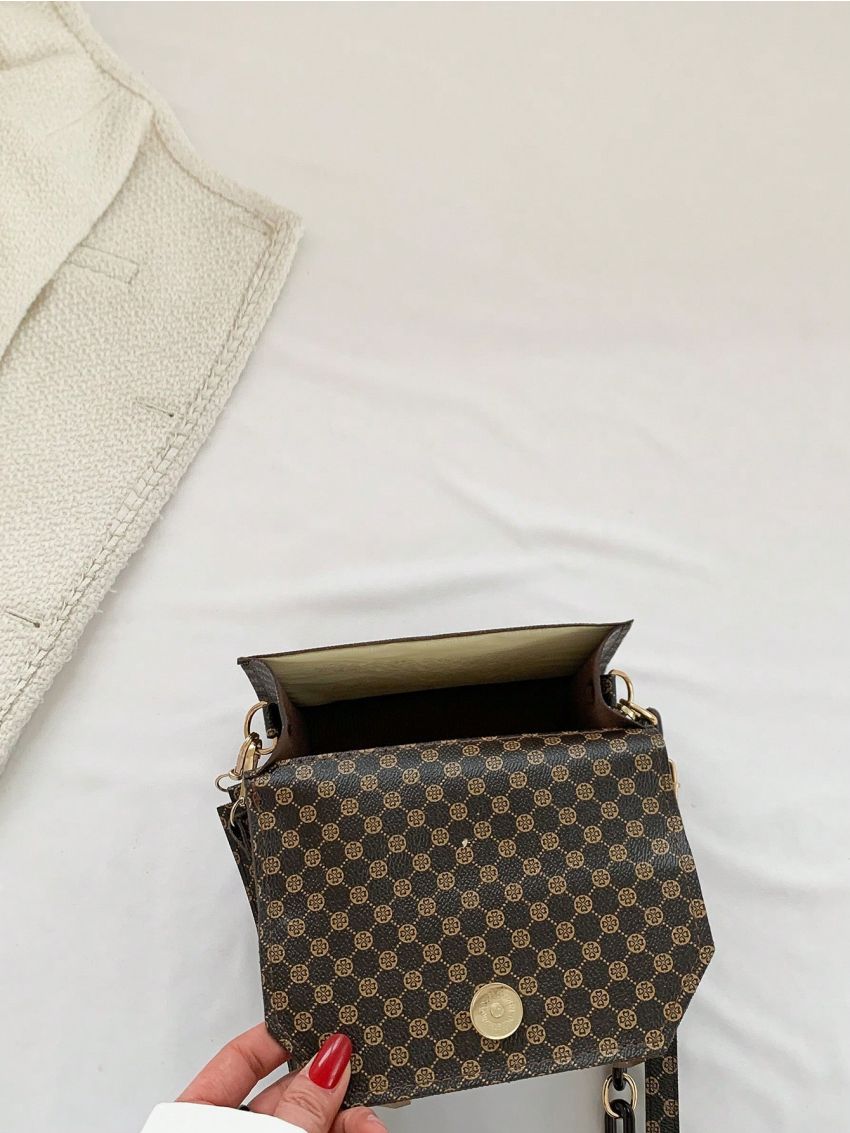 Mini Square Bag Fashionable Geometric Pattern Flap Chain PU