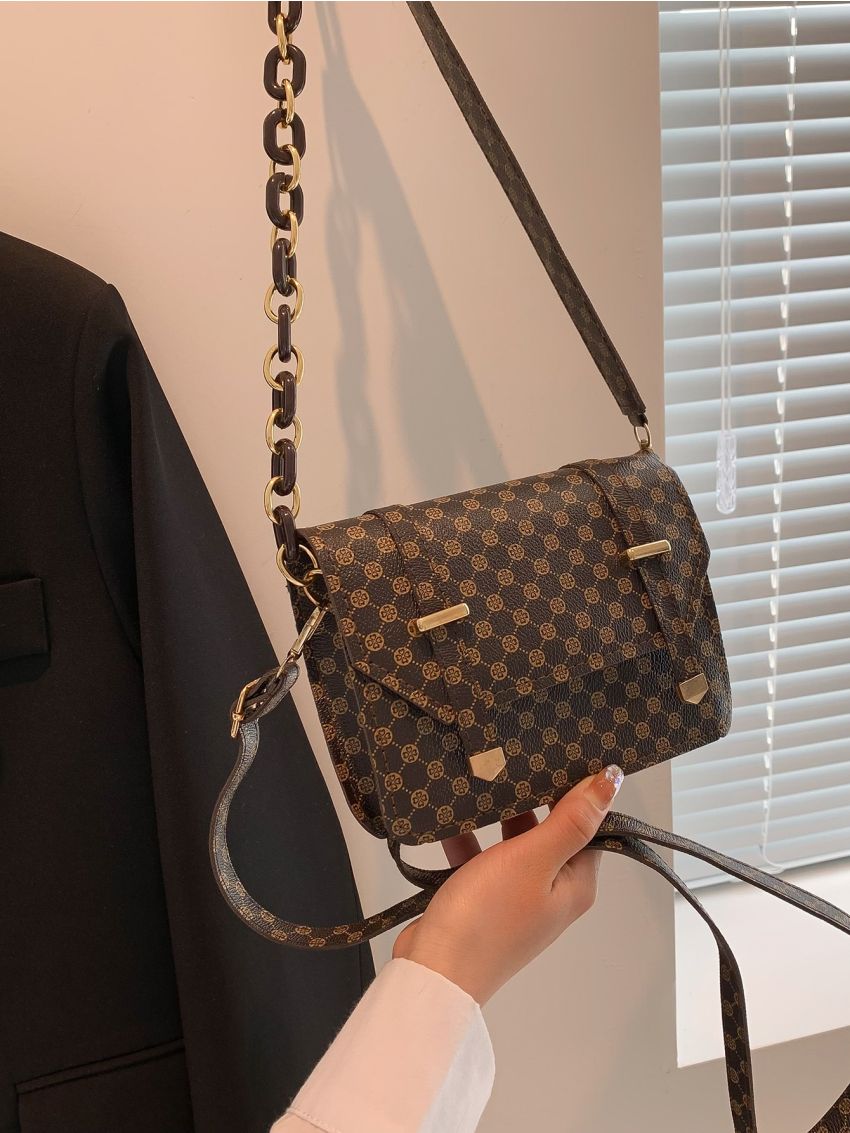 Mini Square Bag Fashionable Geometric Pattern Flap Chain PU