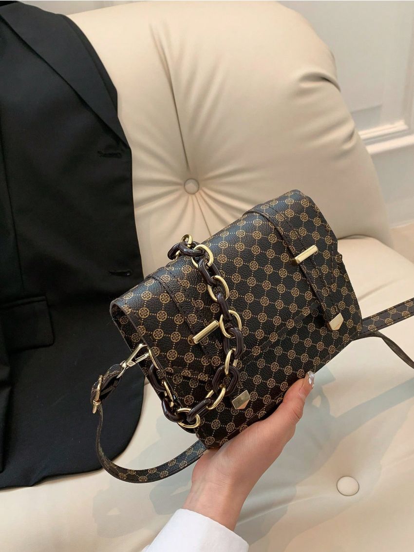 Mini Square Bag Fashionable Geometric Pattern Flap Chain PU