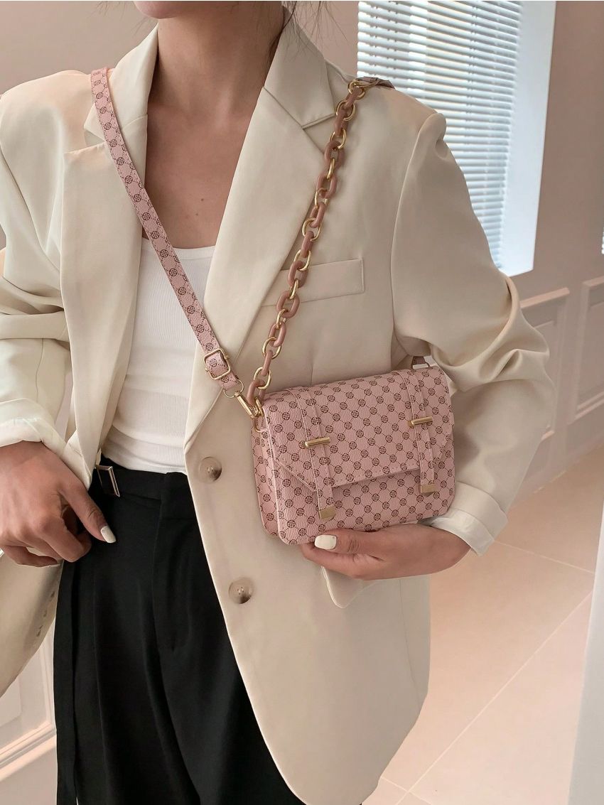 Mini Square Bag Fashionable Geometric Pattern Flap Chain PU