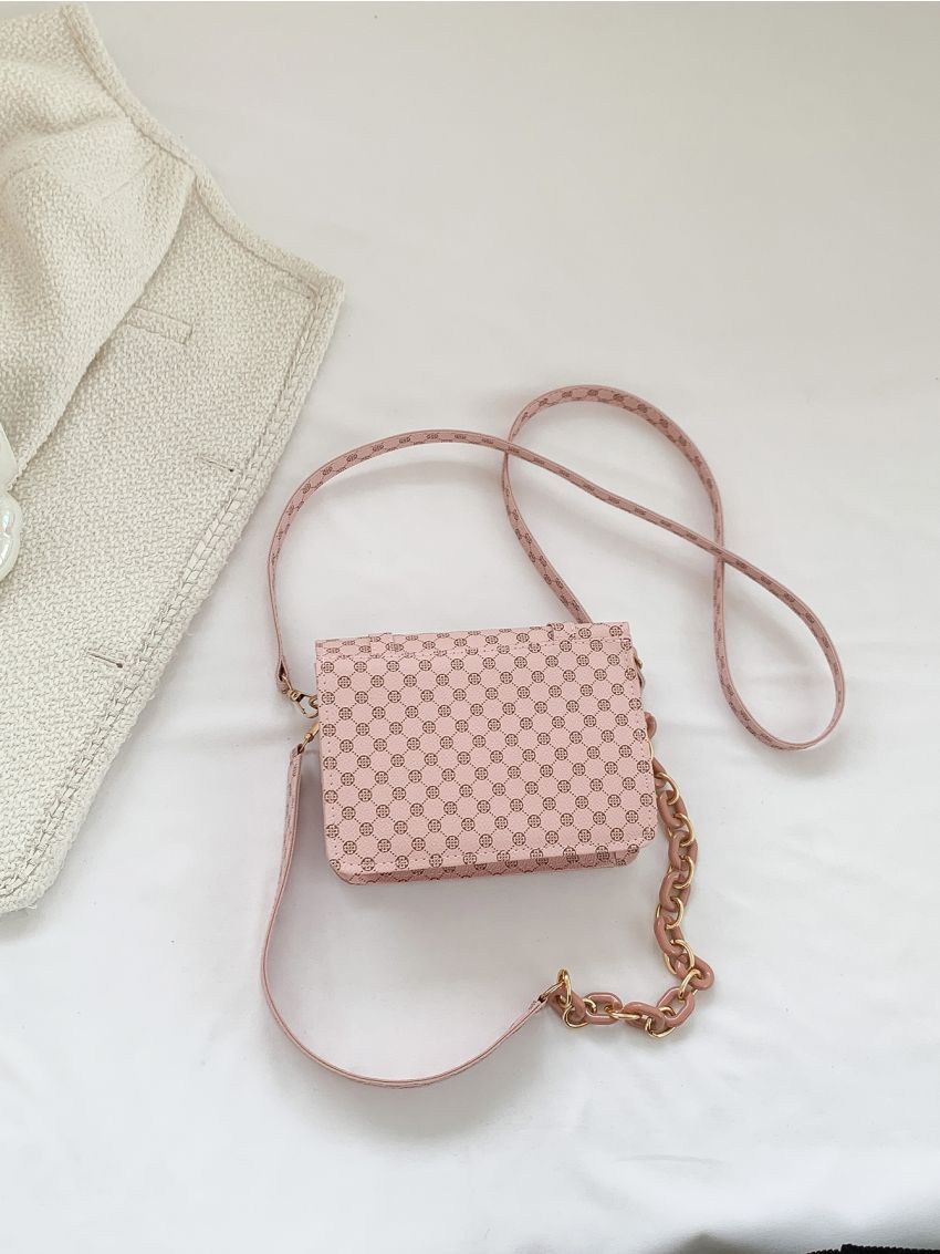 Mini Square Bag Fashionable Geometric Pattern Flap Chain PU