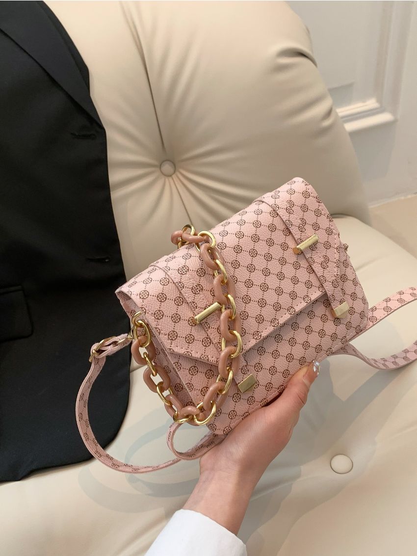 Mini Square Bag Fashionable Geometric Pattern Flap Chain PU