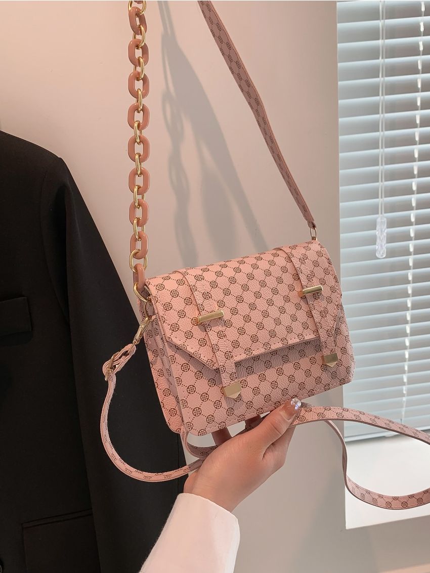 Mini Square Bag Fashionable Geometric Pattern Flap Chain PU