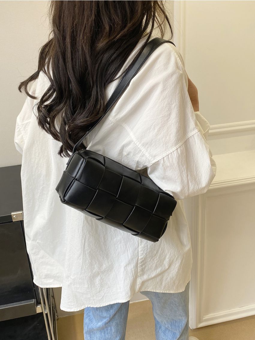Small Square Bag Elegant Black Braided Detail PU