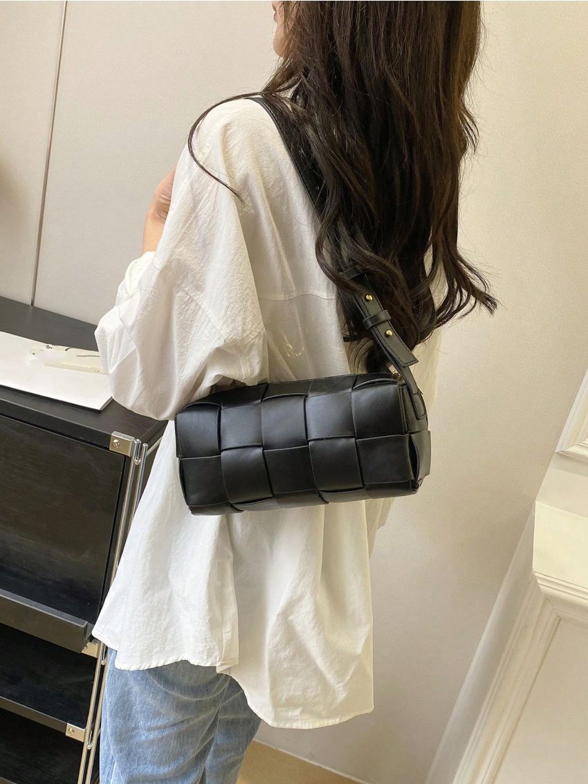 Small Square Bag Elegant Black Braided Detail PU