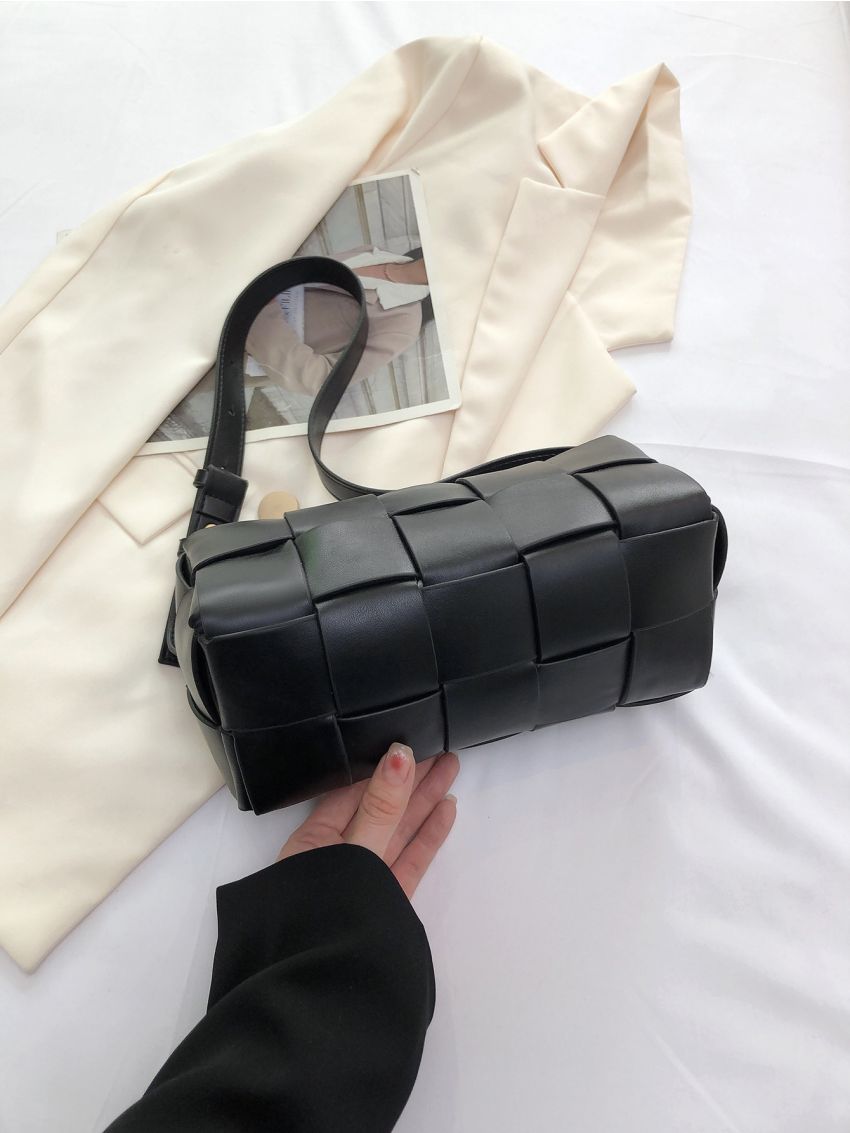 Small Square Bag Elegant Black Braided Detail PU