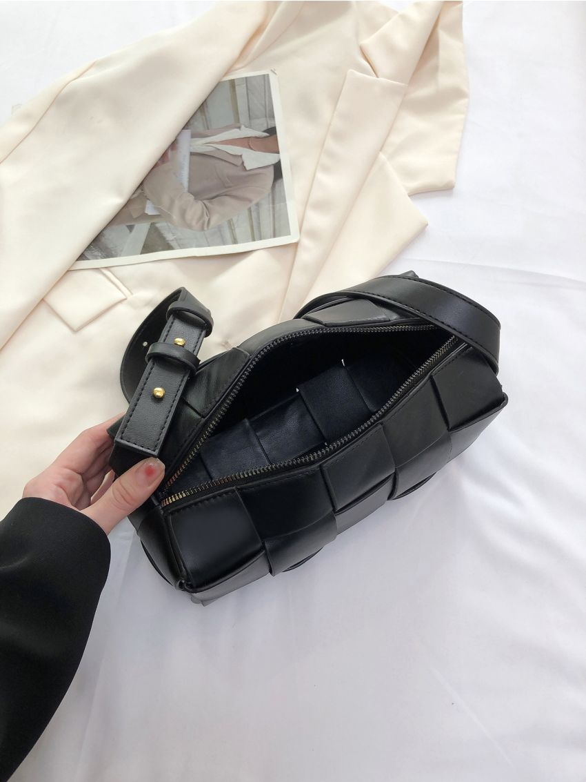 Small Square Bag Elegant Black Braided Detail PU