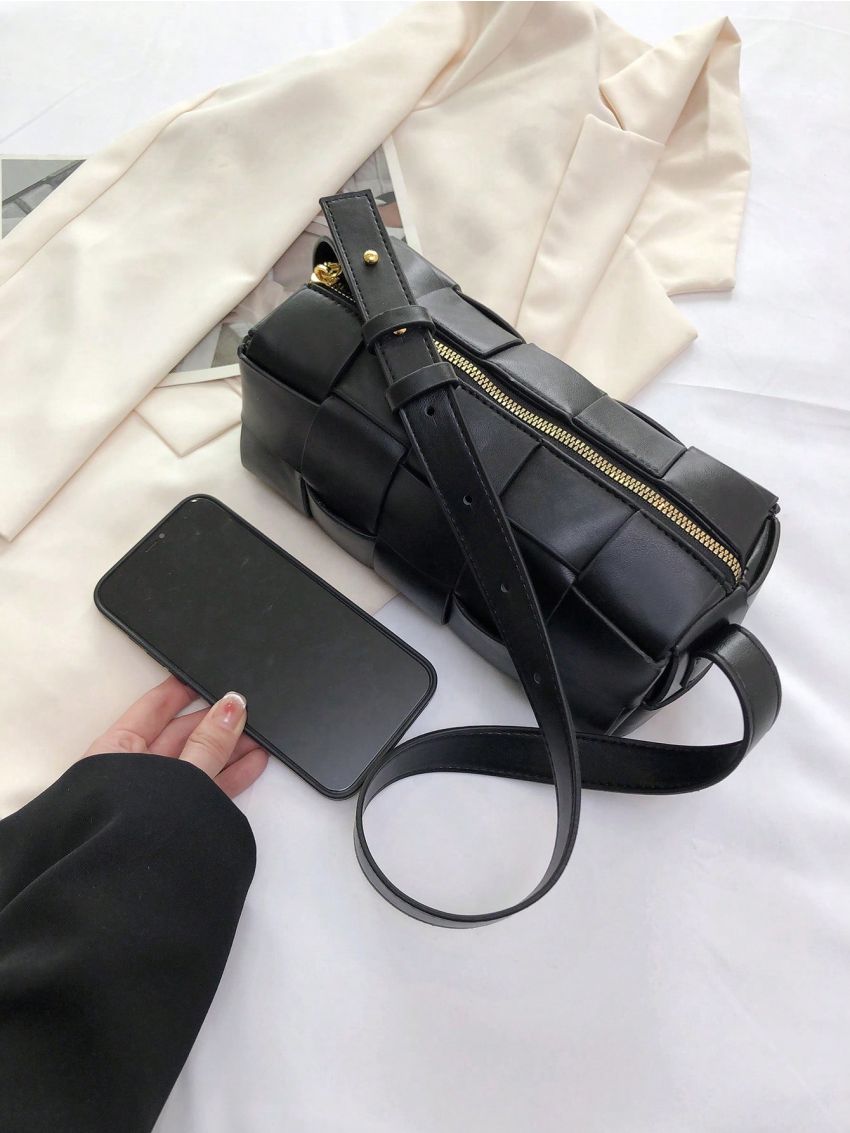 Small Square Bag Elegant Black Braided Detail PU