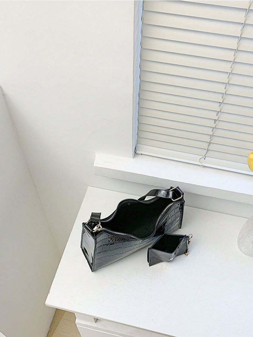 Crocodile Embossed Baguette Bag With Coin Purse Elegant Zipper PU