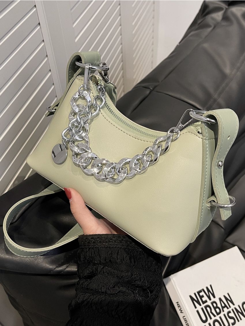 PU Baguette Bag With Zipper Metal & Chain Decor
