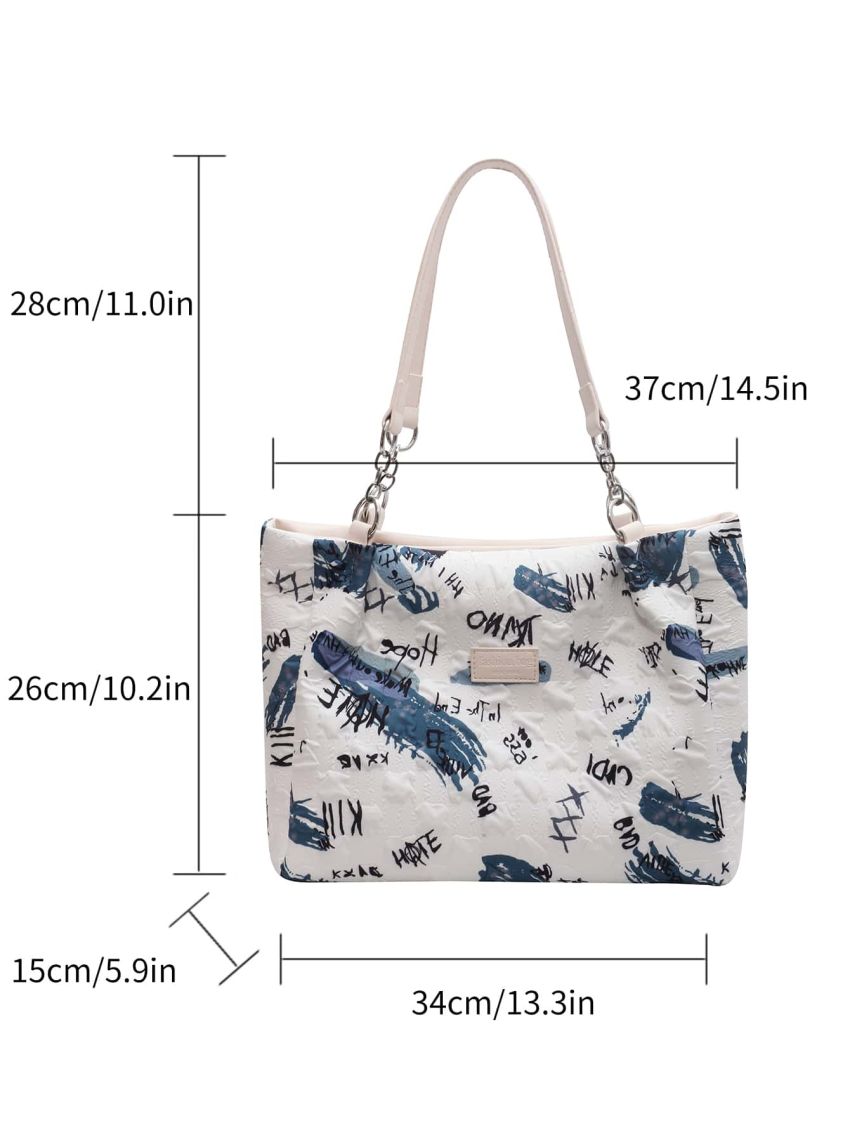 Graffiti Print Shoulder Tote Bag Letter Patch Decor Double Handle With Zipper Polyester Fashionable