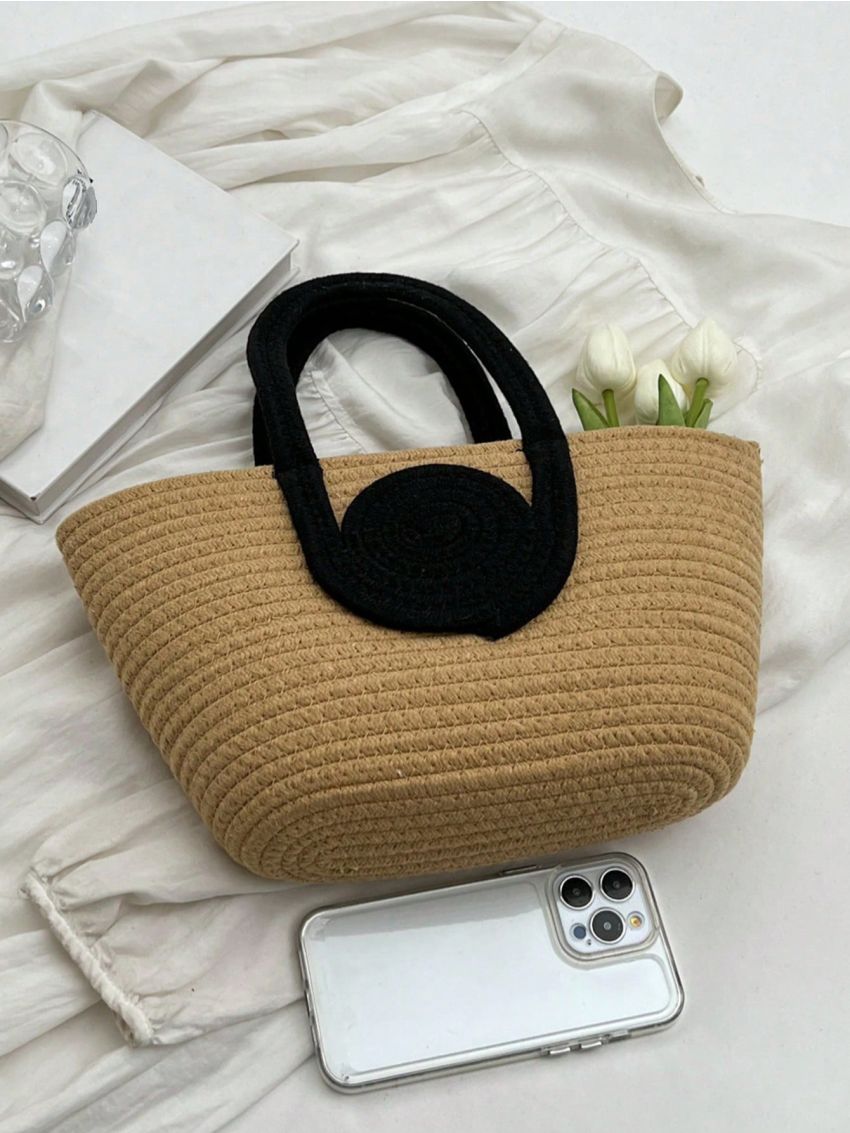 Two Tone Straw Bag No-closure Double Handle Vacation