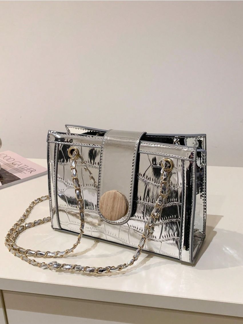 Crocodile Embossed Square Bag Magnet Chain Metallic PU Funky