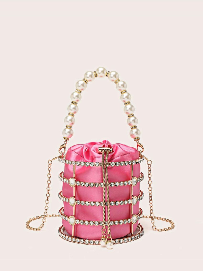 Mini Box Bag Rhinestone & Faux Pearl Decor Satin Drawstring Design