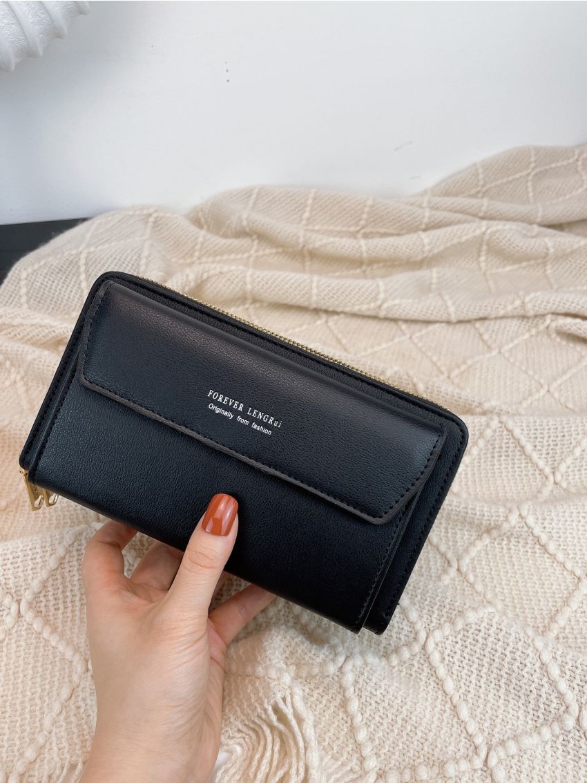 Letter Graphic Long Wallet With Zipper Black PU