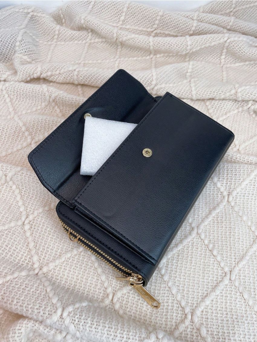 Letter Graphic Long Wallet With Zipper Black PU