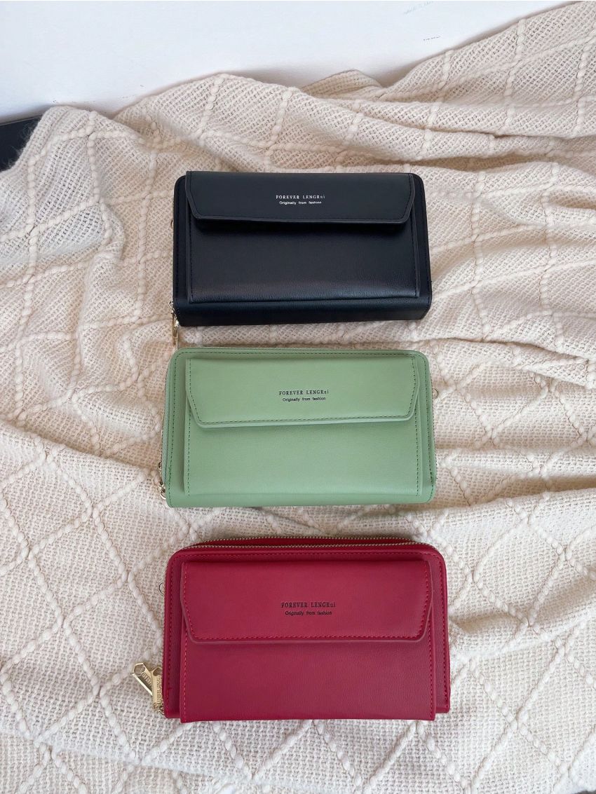 Letter Graphic Long Wallet With Zipper Black PU