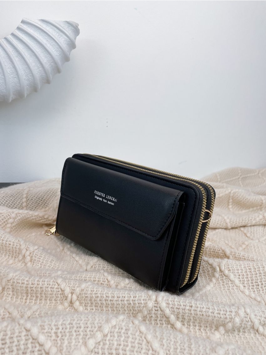 Letter Graphic Long Wallet With Zipper Black PU