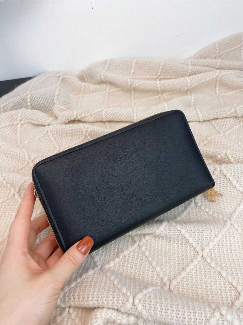 Letter Graphic Long Wallet With Zipper Black PU