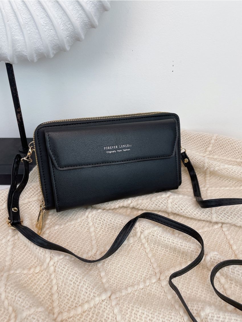 Letter Graphic Long Wallet With Zipper Black PU