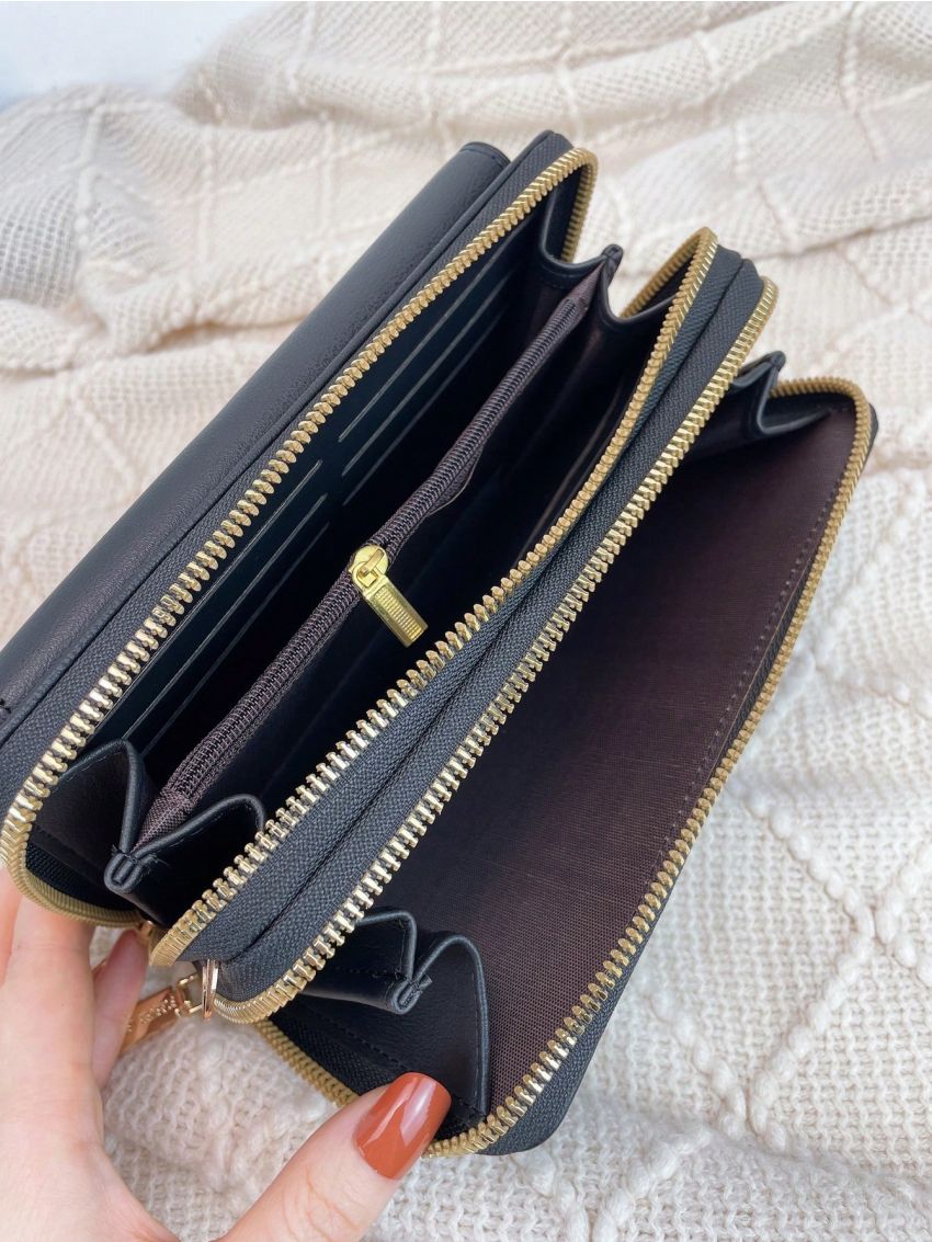 Letter Graphic Long Wallet With Zipper Black PU