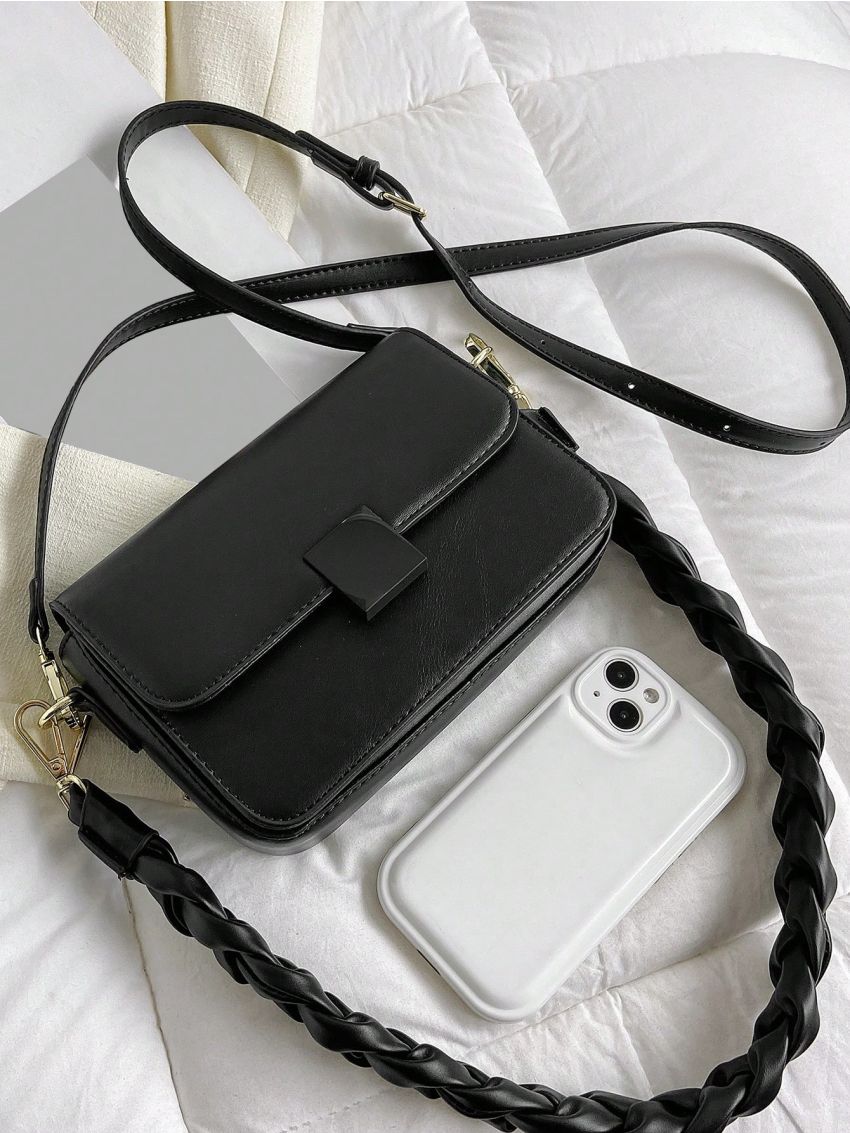 Mini Square Bag Fashionable Braided Detail Flap Adjustable PU