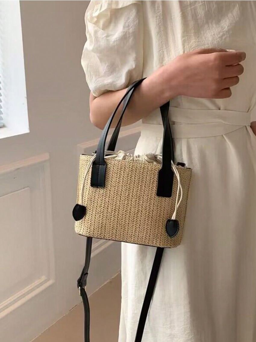 Medium Straw Bag Adjustable Double Handle Drawstring