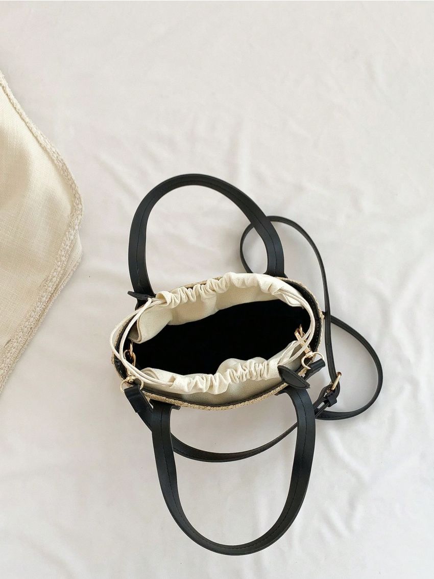 Medium Straw Bag Adjustable Double Handle Drawstring