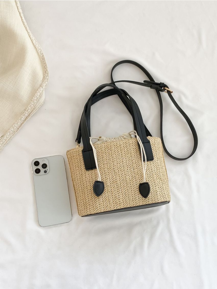 Medium Straw Bag Adjustable Double Handle Drawstring