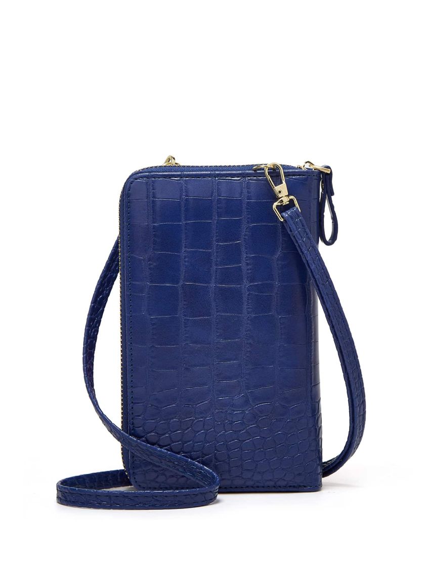 Blue Phone Wallet Crocodile Embossed Zipper PU