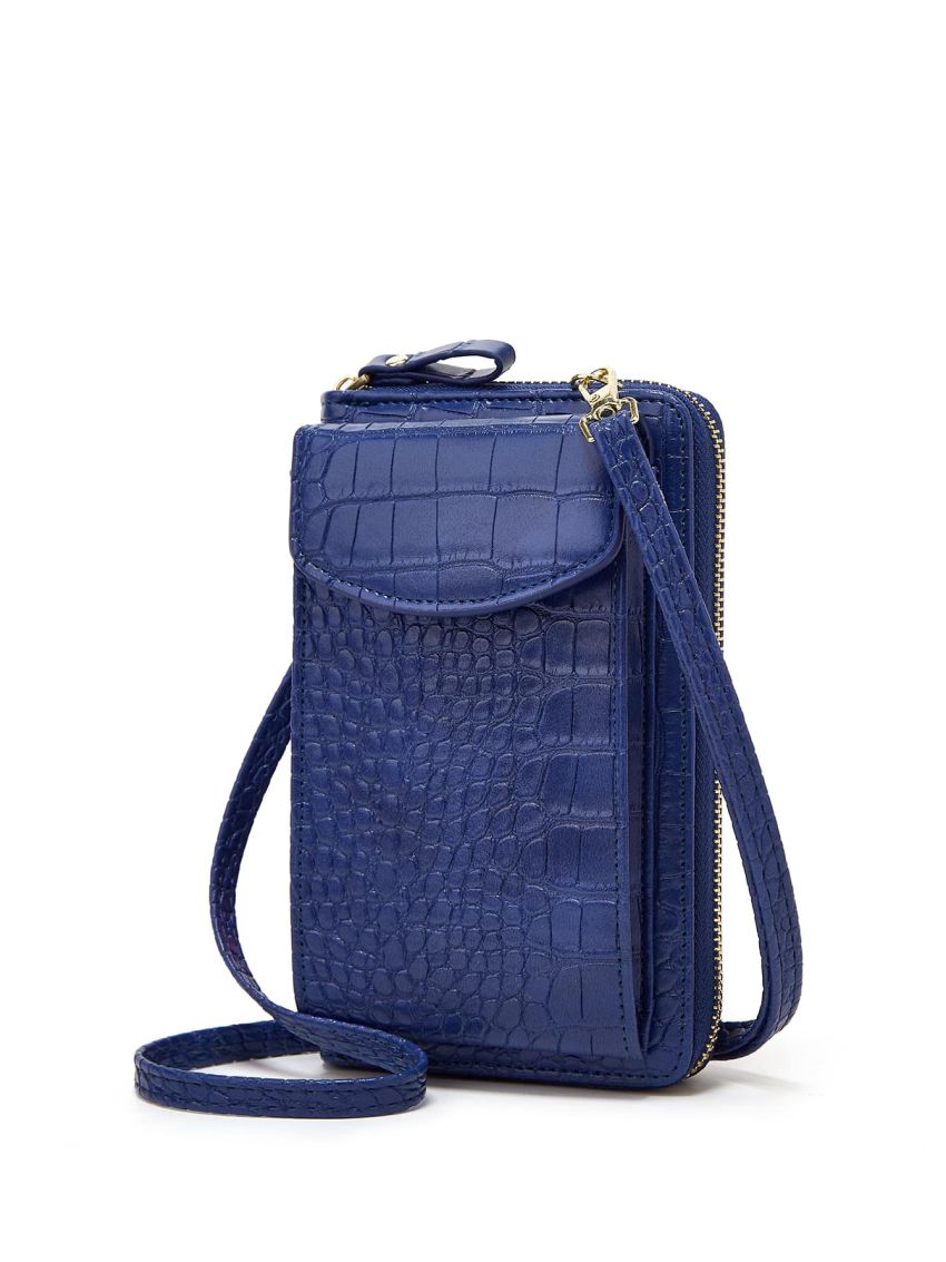 Blue Phone Wallet Crocodile Embossed Zipper PU