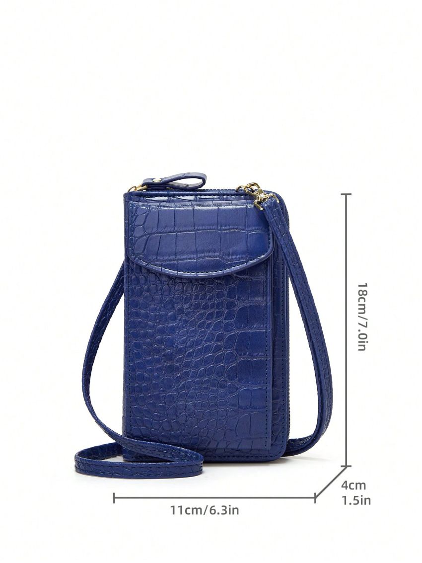 Blue Phone Wallet Crocodile Embossed Zipper PU
