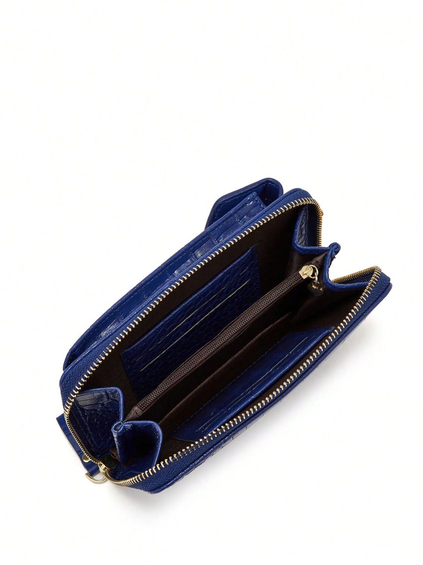 Blue Phone Wallet Crocodile Embossed Zipper PU