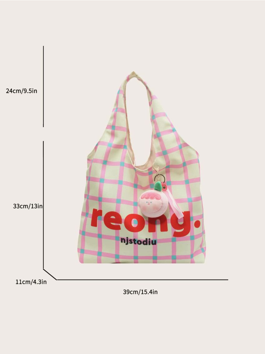 Plaid Pattern Shopper Bag Letter Graphic