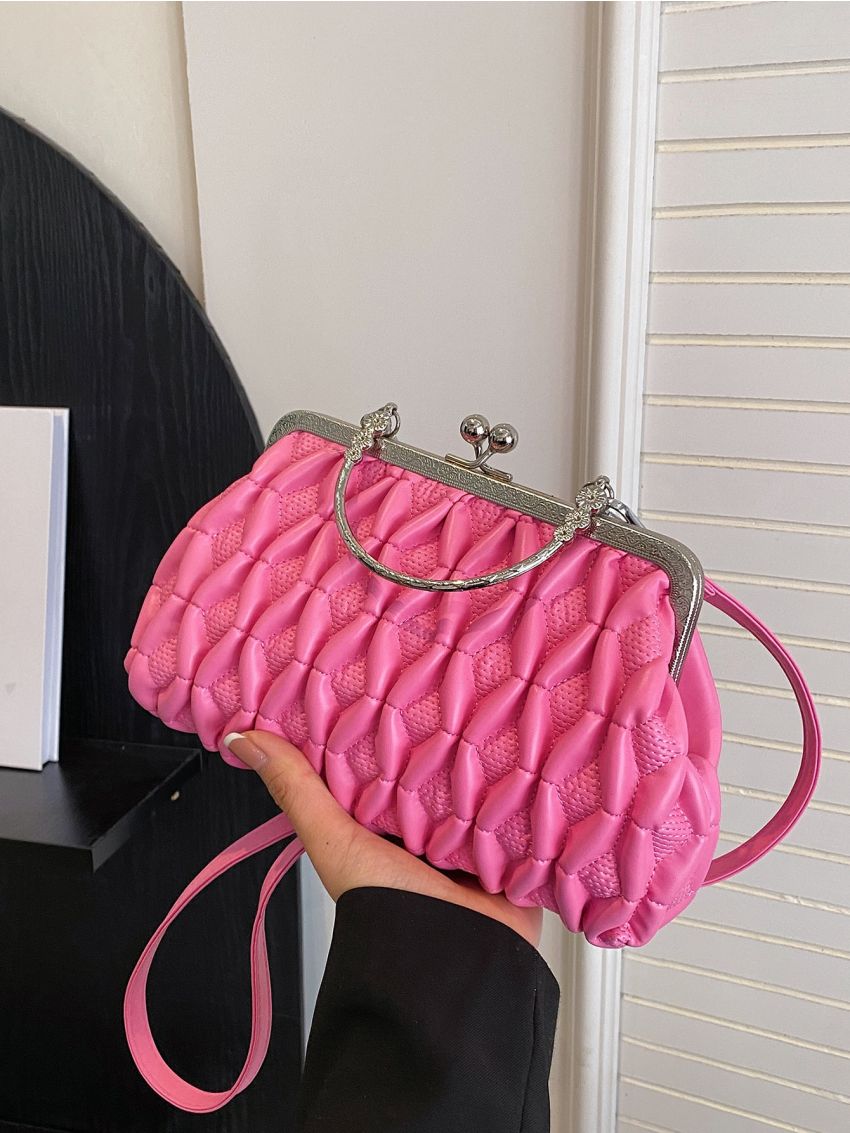 Small Square Bag Stitch Detail Kiss Lock Pink