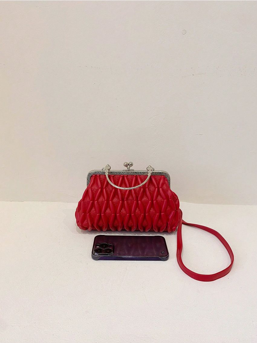 Small Square Bag Neon Red Stitch Detail Kiss Lock