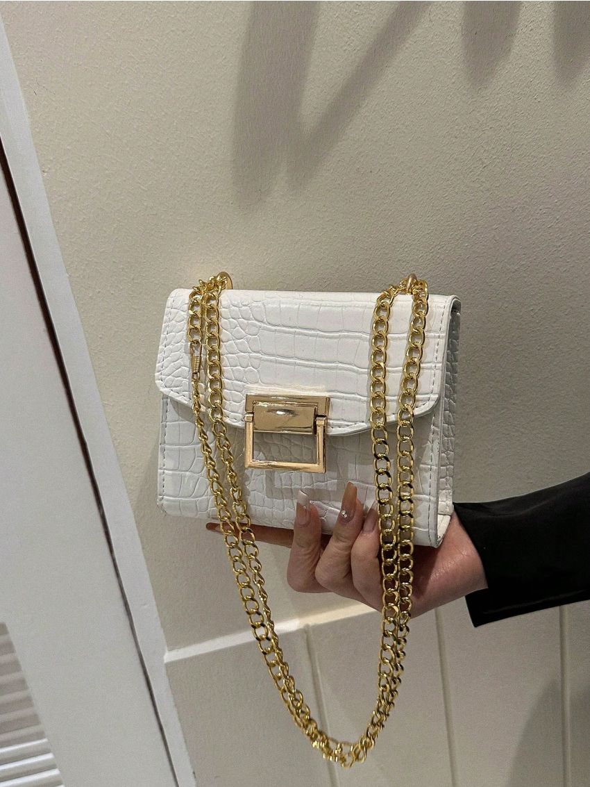 Mini Flap Square Bag Crocodile Embossed Metal Decor