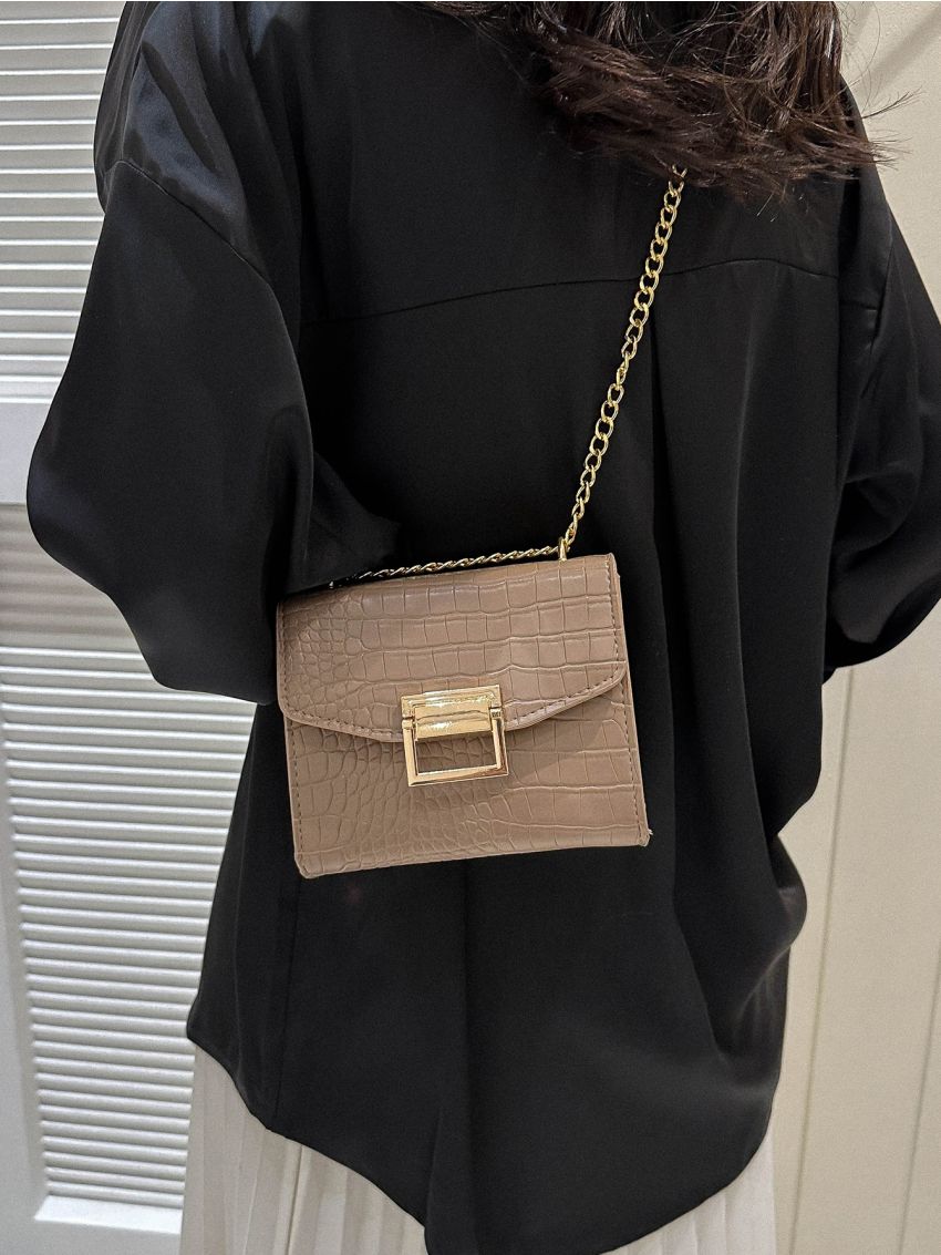 Mini Flap Square Bag Crocodile Embossed Metal Decor